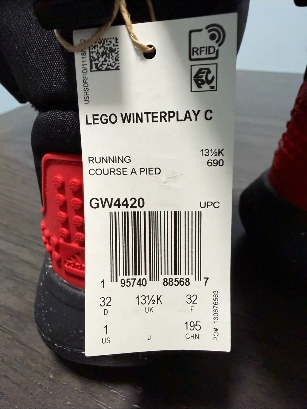 adidas x LEGO Winterplay Kids Snow Boots US 1 EU 32 Black Red Yellow NWB GW4420